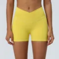 Shorts de yoga de fitness amarillos cruzados de cintura alta para mujer ropa deportiva - S / Amarillo Limón