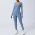Long sleeve fitness jumpsuit square neck athletic yoga onesie activewear blue outfit - S / Foggy Blue