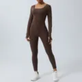 Long sleeve fitness jumpsuit women brown yoga romper activewear slim fit workout bodysuit - S / Tea Brown