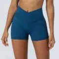 Pantalones Cortos Yoga Cruzados Cintura Alta Mujer Fitness Gimnasio Deporte Push Up - S / Azul Morandi