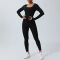 Black long sleeve one-piece yoga jumpsuit, tight fit activewear fitness training bodysuit. - S / Black