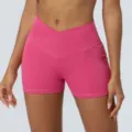 Short de fitness cruzado de talle alto, ropa deportiva rosa para mujer, mallas de gimnasio. - S / Rosa rojo