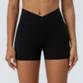 High waist crossover black yoga shorts for women fitness running gym workout activewear. - Black