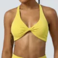 Mujer amarillo atlético yoga deporte sujetador nudo delantero halter fitness crop - S / Tops / Amarillo Limón