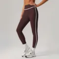 Hohe Taille Yogahose braune Sportleggings mit weissen Biesen Fitness Damen Sporthose - S / Essig-Lila