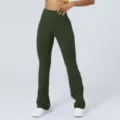 Damen High Waist Yoga Schlaghosen, dunkelgrüne Sport Fitness Hosen, elastisch sec. - S / Armeegrün