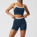 Conjunto de yoga con sujetador deportivo y pantalones cortos de contraste para fitness. - S / Parte Superior e Inferior / Azul marino (camiseta sin mangas + pantalones cortos)