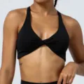 Black twist front sports bra women fitness yoga crop top cross back gym workout activewear - Black
