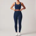 Conjunto de yoga deportivo de verano, sujetador deportivo y leggings de cintura alta. - S / Parte Superior e Inferior / Azul marino