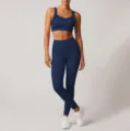 Dunkelblaue Sport Yoga Set, hochtaillierte Fitness Leggings und stoßdämpfender Sport-BH. - S / Oberteil und Unterteil / Marineblau