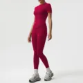 Conjunto de yoga fitness para mujer top manga corta leggings talle alto rosa oscuro - XL / Parte Superior e Inferior / Rojo