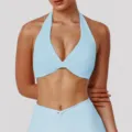 Light blue halter yoga bra and fitness sportswear top, comfortable athletic wear for running. - Baby Blue