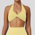 Yellow halter twist sports bra, stylish hollow out fitness crop top for running and yoga. - Yellow