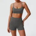 Grey sports bra and high-waist shorts set for yoga, fitness, and running activewear. - XL / Top And Bottom / Gray