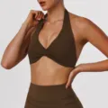 Brown halter cutout yoga sports bra and high waist leggings set for fitness and running. - Brown