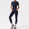 Navy blue women athletic workout set featuring short sleeve sports t-shirt and high waist yoga pants. - XL / Top And Bottom / Navy Blue