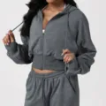 Dark grey cropped zip-up hoodie and sweatpants set, vintage wash casual activewear. - S / Set / Gray