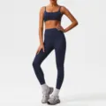 Women yoga set ribbed activewear sports bra and high waist fitness leggings workout gym outfit. - XL / Top And Bottom / Navy Blue