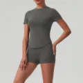 Women's athletic short sleeve t-shirt and matching shorts fitness yoga activewear set. - XL / Top And Bottom / Gray