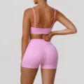 Pink fitness yoga set, high waist athletic shorts and padded sports bra for women workout. - XL / Top And Bottom / Pink