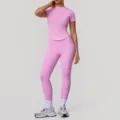 Pink short sleeve athletic t-shirt and high waist yoga leggings activewear workout set - XL / Top And Bottom / Pink