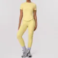 Women athletic short sleeve top high waist fitness leggings activewear set in yellow - XL / Top And Bottom / Yellow