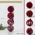 Set de 4 bolas de Navidad flocadas rojo vino con diseños únicos de purpurina dorada - J895-5 (Juego de bolas flocadas pintadas 6cm)