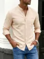 Chemise décontractée en lin beige pour homme à manches longues et col officier chic - S / Hauts / Kaki