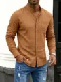Chemise en coton et lin pour homme, manches longues, col officier, poche poitrine - S / Hauts / Marron