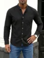 Premium men's solid black cotton linen long sleeve band collar shirt with pocket - S / Tops / Black