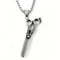 Creative barber scissors shaped pendant necklace for men and women in silver finish - Comb and Scissor Pendant / With Steel Chain / Vintage Silver
