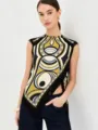 Stylish sleeveless geometric print top with asymmetrical fringe hem and retro artistic design - S / Tops / Black
