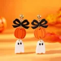 Pendientes colgantes góticos de Halloween con fantasma y calabaza para joyería festiva - Colgante de Fantasma Calabaza con Lazo Blanco y Negro / Negro y Blanco