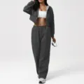 Dark grey mineral washed two-piece zip hoodie and wide leg sweatpants tracksuit set - S (Recommended 85-100 Jin) / Top And Bottom / Dark Gray