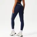 Navy blue high-waisted athletic yoga leggings with white side stripes and rear piping. - S (Suggested 85-100 Jin) / Bottoms / Navy Blue