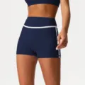 High-waisted contrast piping yoga shorts, quick-dry activewear for gym fitness and casual wear. - Navy Blue
