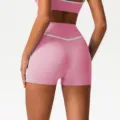 Women high waist pink athletic yoga shorts seamless fitness running gym three quarter shorts - Pink