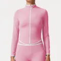 Pink zip-up long sleeve yoga athletic jacket top with white trim for women fitness workout. - Pink