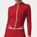 Red long sleeve zip-up athletic jacket with white contrast trim for women fitness yoga workouts. - Fiery Red