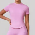 Pink short sleeve sports t-shirt, naked feel quick dry high elastic yoga top for fitness running. - Pink