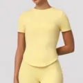Women short sleeve sports t-shirt quick dry athletic fitness yoga top running wear yellow - Yellow