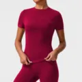 Women's short sleeve sports t-shirt burgundy activewear fitness workout top slim fit - Red