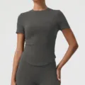 Dark grey short sleeve sports t-shirt for women, seamless fit for yoga and fitness training. - Gray