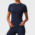 Women's short-sleeve athletic t-shirt, quick-dry high-elastic fitness yoga top for running. - Dark Blue