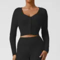 Schwarzes geripptes langärmliges Crop Top V-Ausschnitt Fitness Yoga Oberteil Damen - S / Oberteile / Schwarz