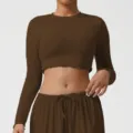 Brown Long Sleeve Crop Top Athletic Fitness Yoga T-Shirt with Matching Pants Variant - S / Tops / Brown