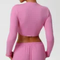 Pink long sleeve crop top, breathable slim fit fitness athletic shirt variant display view. - S / Tops / Rose Pink