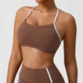 Soutien-gorge de sport marron avec bordure blanche, gilet de yoga fitness séchage rapide femme. - S (Conseillé 65B-70B) / Hauts / Marron