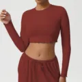 Seamless long sleeve crop top and matching sweatpants set for women fitness yoga workout wear - Fuschia