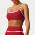 Ensemble soutien-gorge de sport et leggings rouges, bordure blanche, fitness yoga. - S (Conseillé 65B-70B) / Hauts / Rouge